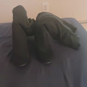 Knee length high heeled boots. Chunk heels *Not worn *